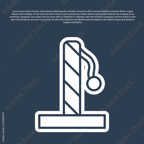 Blue line Cat scratching post with toy icon isolated on blue background. Vector