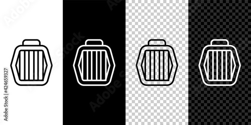 Set line Pet carry case icon isolated on black and white  transparent background. Carrier for animals  dog and cat. Container for animals. Animal transport box. Vector