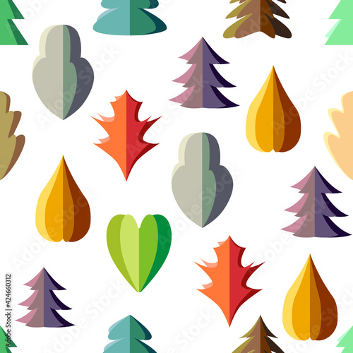 Seamless pattern with different sorts of stylized leaves made of folded bright paper. Assorted origami trees in endless texture.