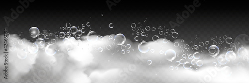 Bath foam with shampoo bubbles isolated on a transparent background. Vector shave, foam mousse with bubbles top view template for your advertising design.