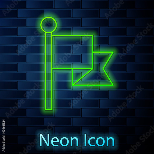 Glowing neon line Flag icon isolated on brick wall background. Victory, winning and conquer adversity concept. Vector