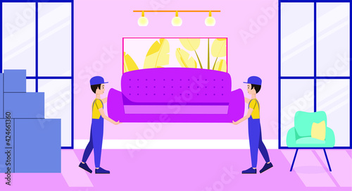 Delivery of furniture to your home. Movers move the sofa into the living room. Flat design
