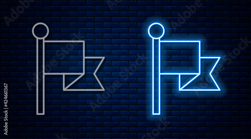 Glowing neon line Flag icon isolated on brick wall background. Victory, winning and conquer adversity concept. Vector
