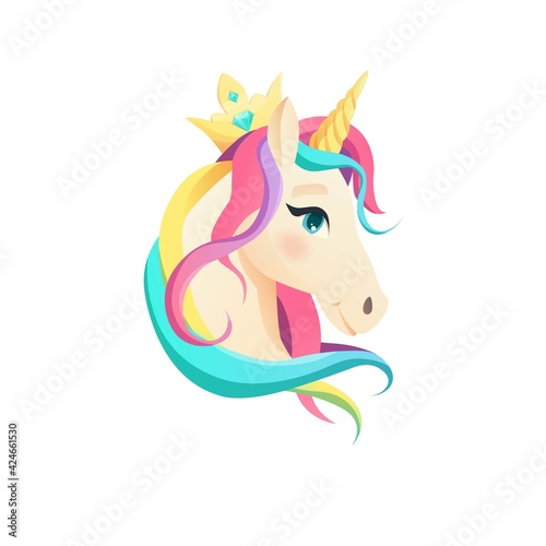 Cute unicorn face in flat style. Cartoon vector illustration.