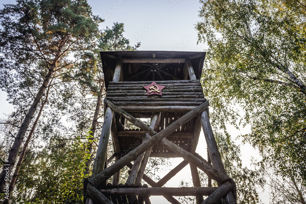 Watch tower in replica of Soviet exile settlement in amusement park in Szymbark village, Poland