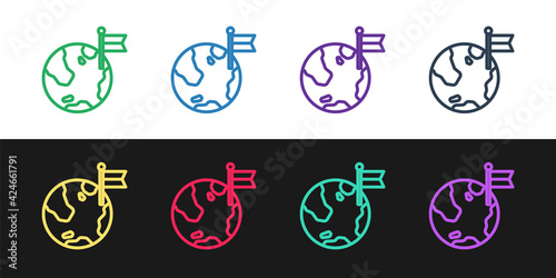 Set line Planet with flag icon isolated on black and white background. Victory, winning and conquer adversity concept. Vector
