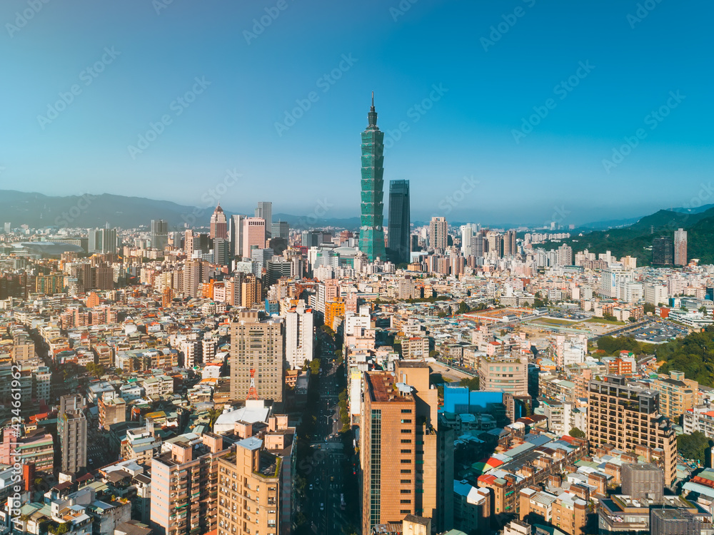 View of Financial district in City Taipei at Sunset, Taiwan 