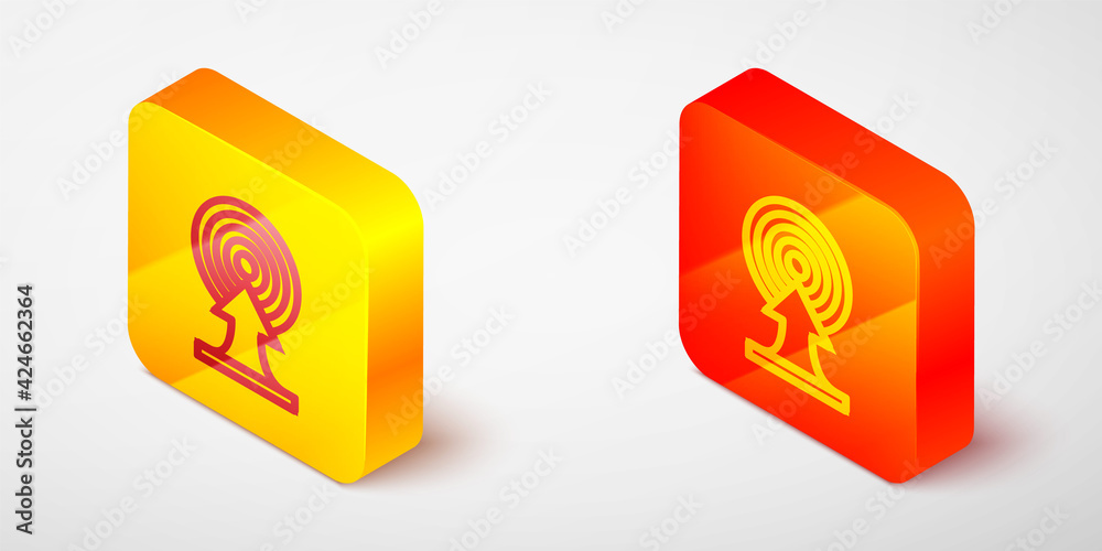 Isometric line Target with arrow icon isolated on grey background. Dart board sign. Archery board icon. Dartboard sign. Business goal concept. Yellow and orange square button. Vector Isometric line Target with arrow icon isolated on grey background. Dart board sign. Archery board icon. Dartboard sign. Business goal concept. Yellow and orange square button. Vector