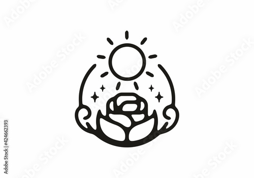 Line art illustration of rose flower and sun