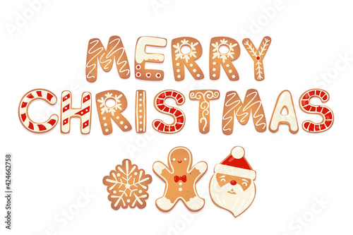 Merry Christmas card with gingerbread cookies. Vector illustration for New Year design.