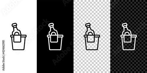 Set line Bottle of champagne in an ice bucket icon isolated on black and white, transparent background. Vector