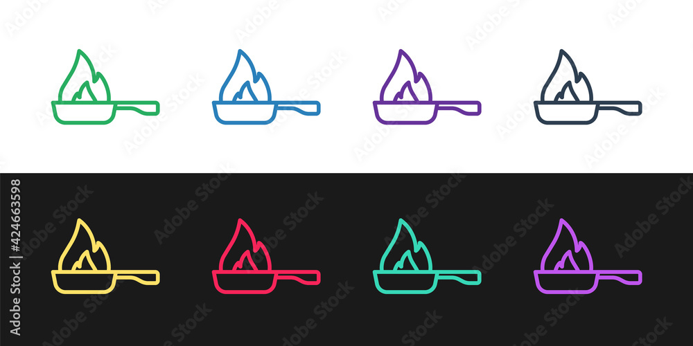 Set line Frying pan icon isolated on black and white background. Fry or roast food symbol. Vector
