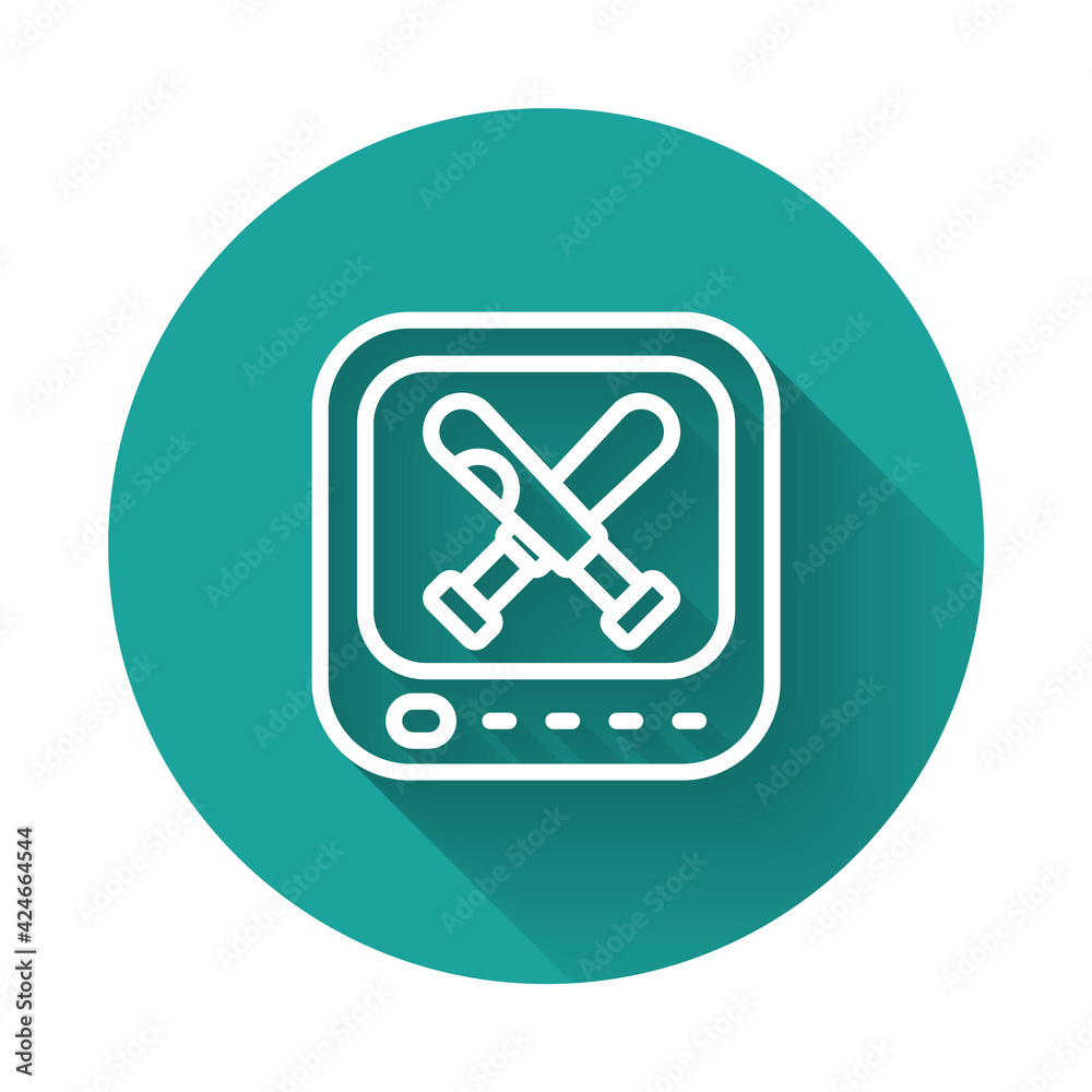 White line Monitor with baseball ball and bat on the screen icon isolated with long shadow background. Online baseball game. Green circle button. Vector White line Monitor with baseball ball and bat on the screen icon isolated with long shadow background. Online baseball game. Green circle button. Vector
