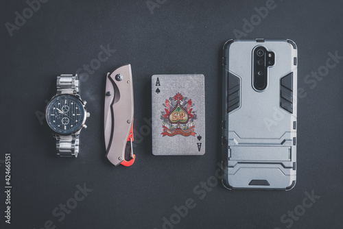 Top down photo of every day carry, edc, tabletop. photo