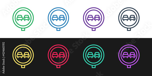 Set line No overtaking road traffic icon isolated on black and white background. Traffic rules and safe driving. Vector