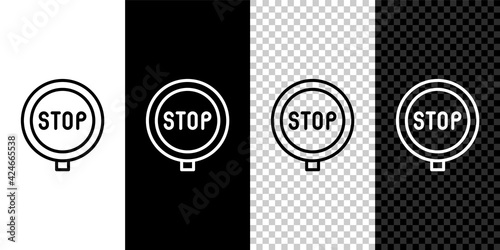 Set line Stop sign icon isolated on black and white, transparent background. Traffic regulatory warning stop symbol. Vector