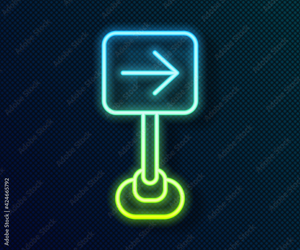 Glowing neon line Traffic sign turn right warning attention icon isolated on black background. Traffic rules and safe driving. Vector Glowing neon line Traffic sign turn right warning attention icon isolated on black background. Traffic rules and safe driving. Vector