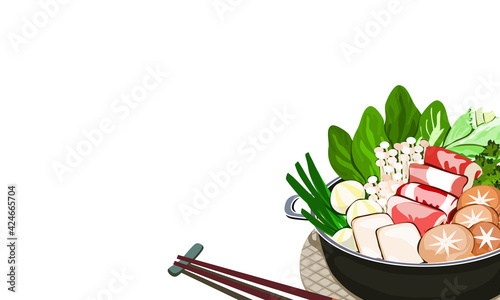 Hot pot ingredients with chopsticks. Beef, tofu, mushroom, vegetables, and fishball in a pot. Isolated food vector illustration on white background.  
