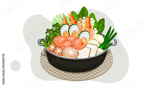 Sea food hot pot ingredients. Oyster, Salmon, lobster, tofu, mushroom, vegetables, and fishball in a pot. Isolated food vector illustration on white background.  