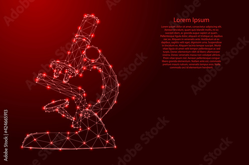 Microscope, an optical scientific instrument, from futuristic polygonal red lines and glowing stars for banner, poster, greeting card. Vector illustration.