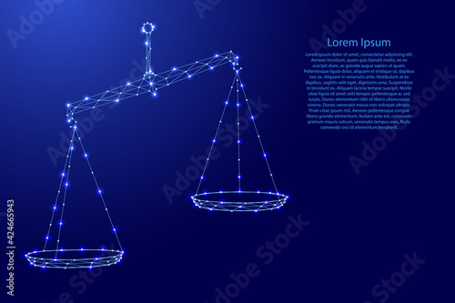 Scales balance pharmacy, symbol of justice from futuristic polygonal blue lines and glowing stars for banner, poster, greeting card. Vector illustration. © elenvd