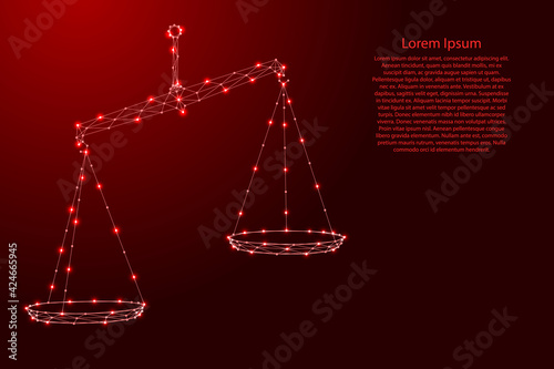 Scales balance pharmacy, symbol of justice from futuristic polygonal red lines and glowing stars for banner, poster, greeting card. Vector illustration. © elenvd