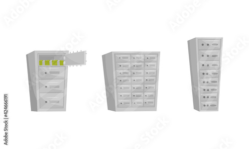 Metal Safe Deposit Box for Money Storage Vector Set