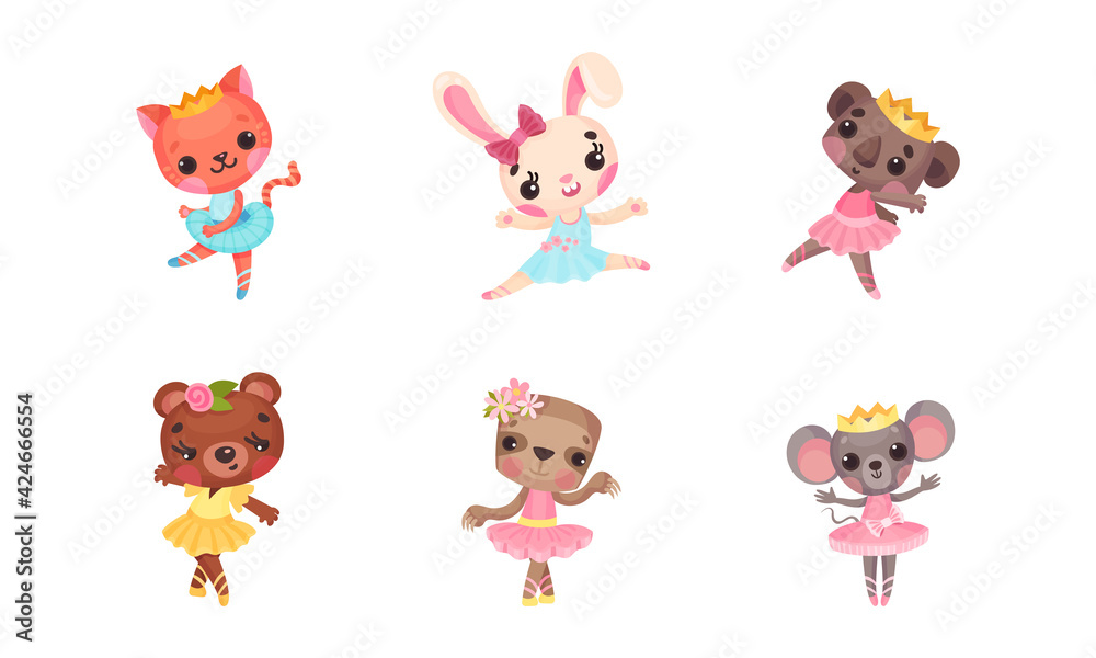Cute Mammals with Mouse and Koala in Ballerina Dress and Crown on Head Dancing Vector Set