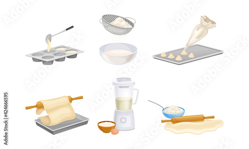 Baking Process with Doughing, Sieving and Rolling Using Cookware Vector Set