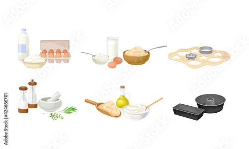 Baking Process with Herbs Pounding with Pestle and Dough Molding Using Cookware Vector Set