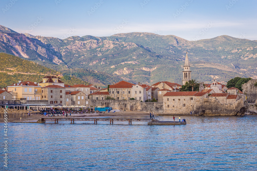 Old town of Budva town on Adriatic shore, view with St John casthedral, Montenegro