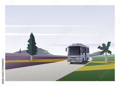 A bus crossing an empty road on a countryside. Simple illustration.