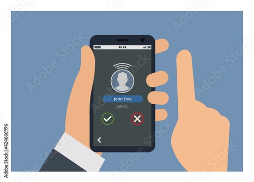Incoming call on a smartphone. Hand holding smartphone. Simple flat illustration