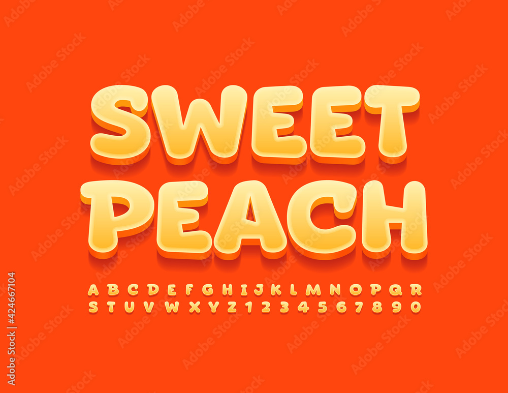 Vector orange sign Sweet Peach. Cute bright Font. 3D comic style set of Alphabet Letters and Numbers