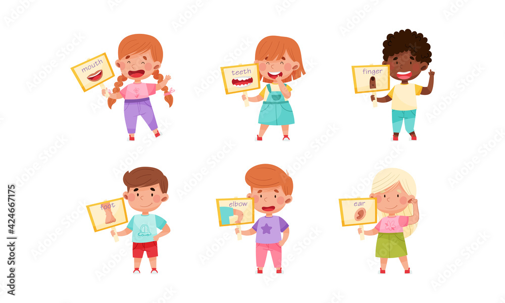 Cute Boy and Girl Character Holding Card with Body Part Picture Vector Set Cute Boy and Girl Character Holding Card with Body Part Picture Vector Set