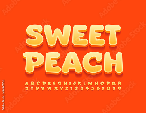 Vector orange sign Sweet Peach. Cute bright Font. 3D comic style set of Alphabet Letters and Numbers