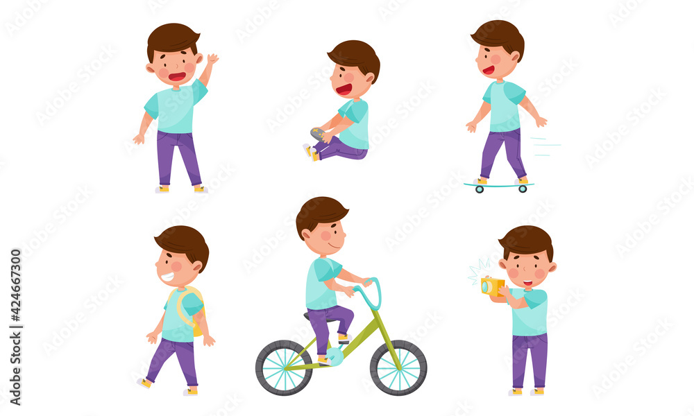 Little Boy Character Engaged in Computer Game Playing, Skateboarding and Cycling Vector Illustration Set