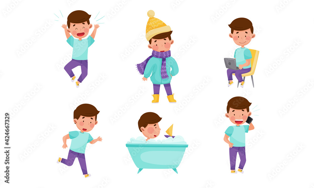 Little Boy Character Engaged in Bathing in Tub, Speaking by Phone and Running Vector Illustration Set