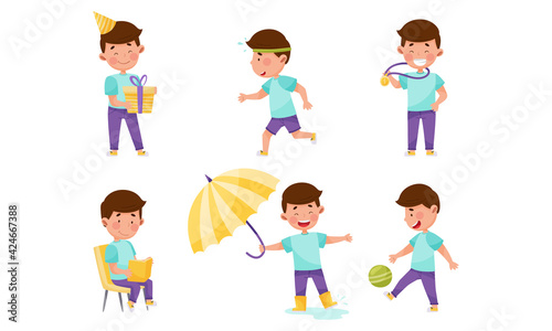 Little Boy Character Engaged in Reading Book, Playing Ball and Running Vector Illustration Set