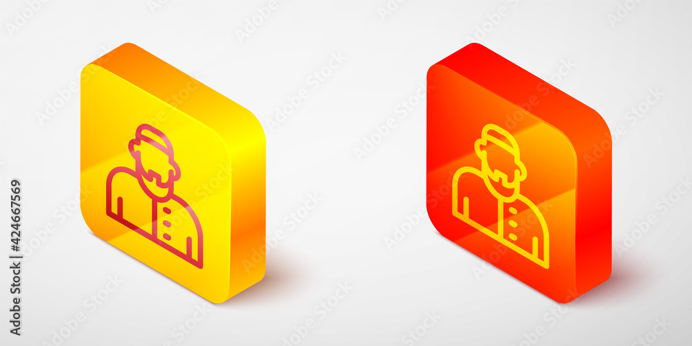 Isometric line Muslim man icon isolated on grey background. Yellow and orange square button. Vector Isometric line Muslim man icon isolated on grey background. Yellow and orange square button. Vector