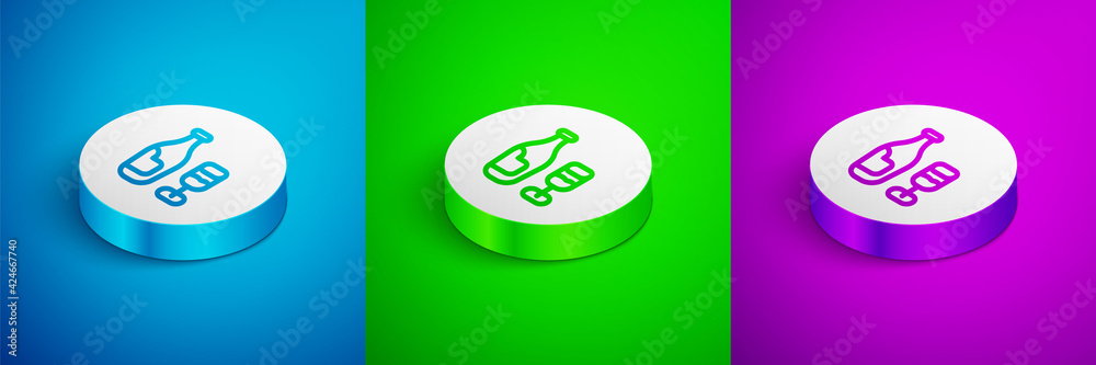 Isometric line Wine bottle with glass icon isolated on blue, green and purple background. White circle button. Vector Isometric line Wine bottle with glass icon isolated on blue, green and purple background. White circle button. Vector