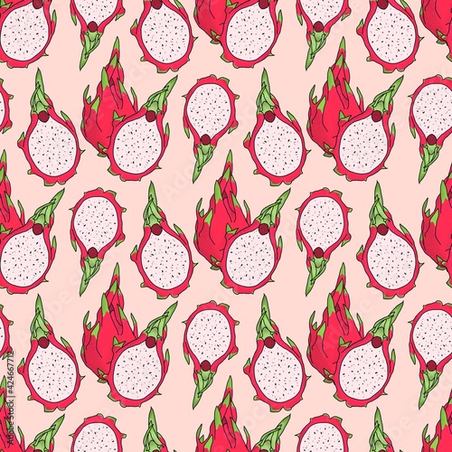 Seamless pink dragon fruit pattern. Exotic fruits on a soft pink background. Hawaiian food. Healthy eating. Trendy illustrated pattern of summer fruits. Beautiful design for wallpapers, textile