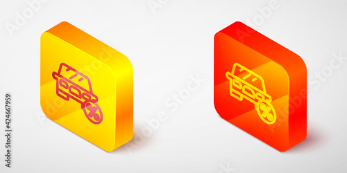Isometric line Car leasing percent icon isolated on grey background. Credit percentage symbol. Yellow and orange square button. Vector