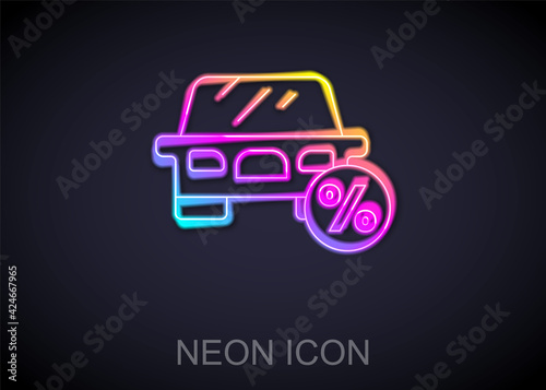 Glowing neon line Car leasing percent icon isolated on black background. Credit percentage symbol. Vector