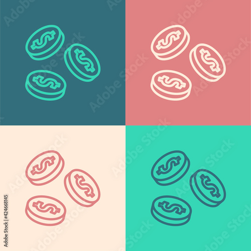 Pop art line Coin money with dollar symbol icon isolated on color background. Banking currency sign. Cash symbol. Vector