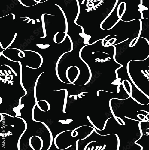 Abstract One Line Drawing Woman Faces Seamless Vector Pattern Isolated Background