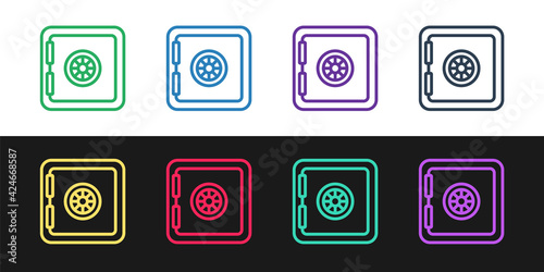 Set line Safe icon isolated on black and white background. The door safe a bank vault with a combination lock. Reliable Data Protection. Vector
