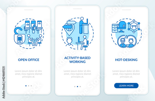 Future office environments onboarding mobile app page screen with concepts. Openness, hot desking walkthrough 3 steps graphic instructions. UI, UX, GUI vector template with linear color illustrations