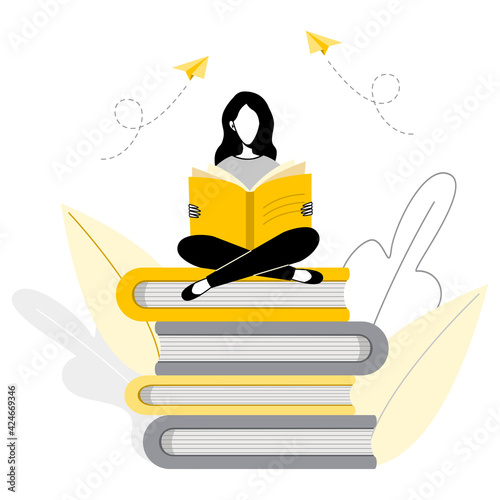 Woman reading while sitting on stack of big books. Students study in library, literary club or book festival concept. Concept of distance studying and self education.