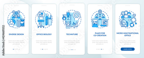 Workspace tendency onboarding mobile app page screen with concepts. Diverse styles, co-creation walkthrough 5 steps graphic instructions. UI, UX, GUI vector template with linear color illustrations